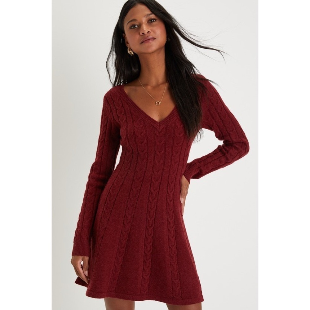 Lulus Sweetly Seasonal Burgundy Cable Knit Sweater Mini Dress Red - Size S